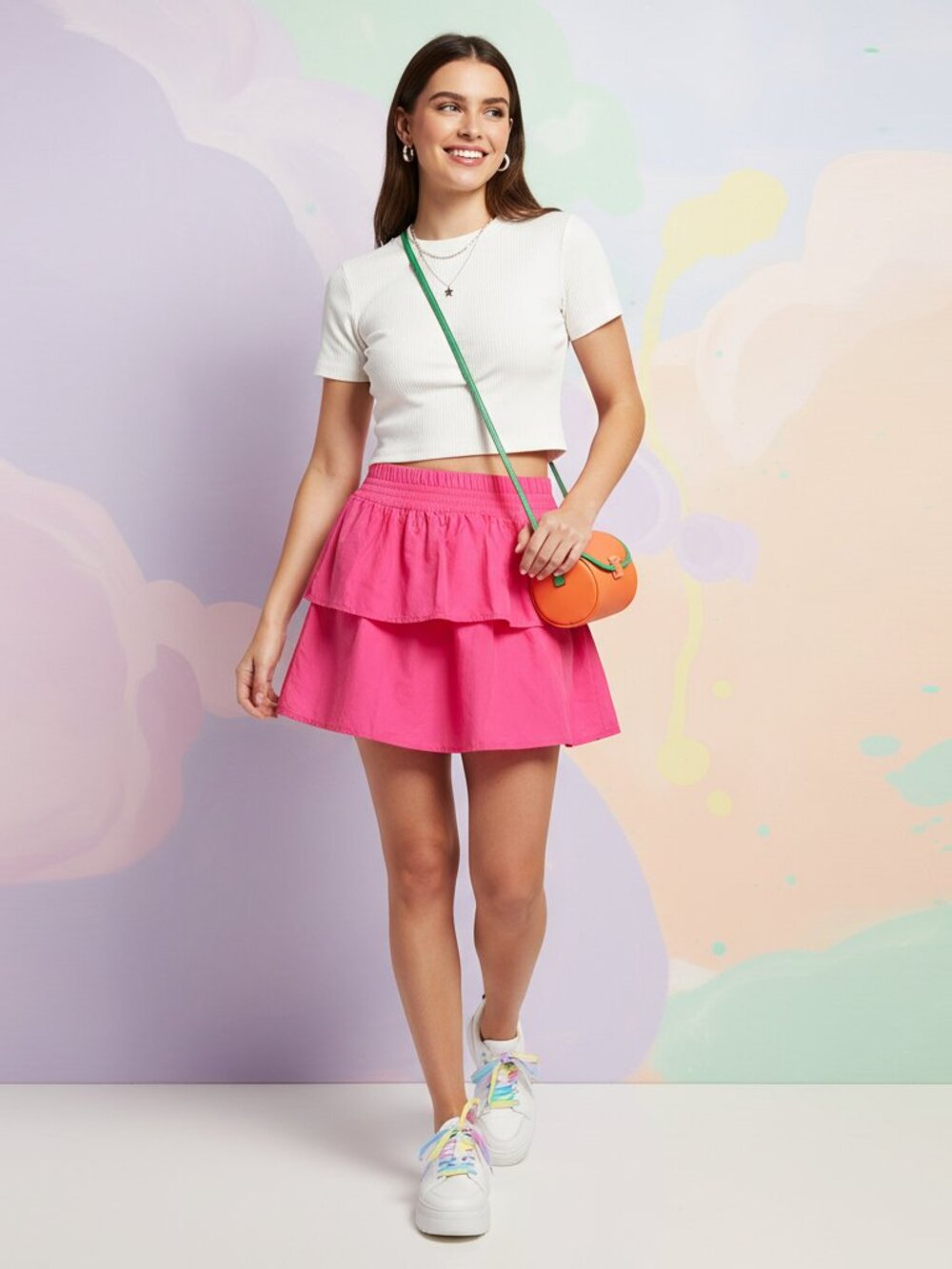 HT 360 Collective Layered Mini Skirt Pink Large Y2K Ruffle Going Out NWT
